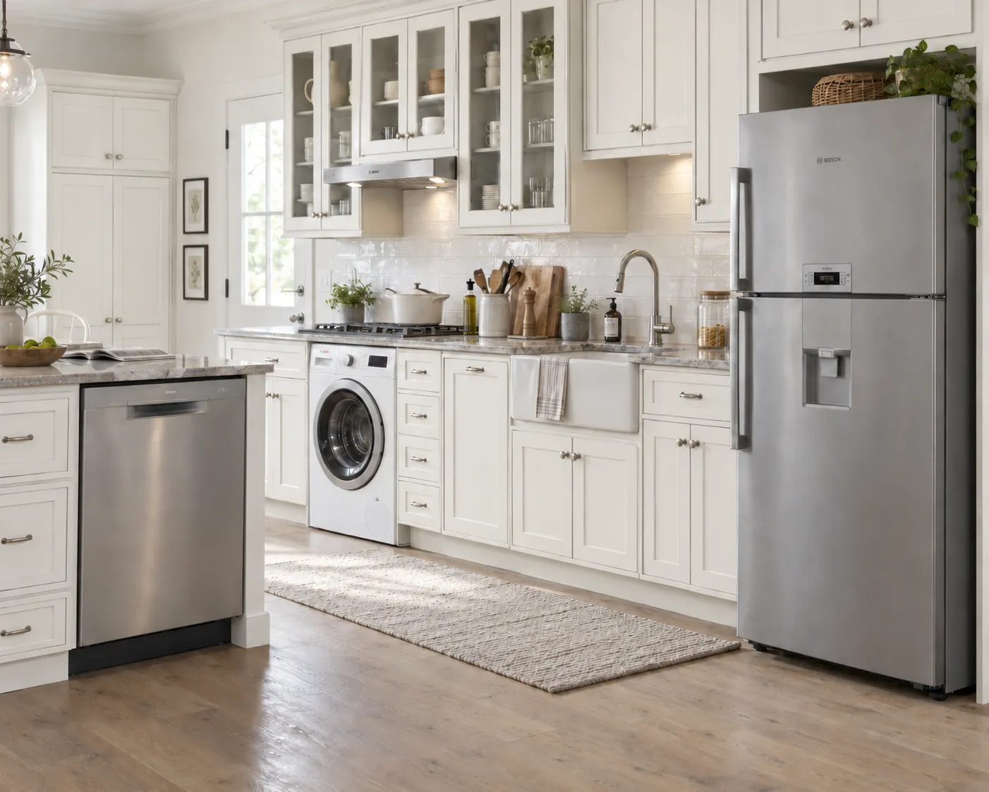 Bright kitchen fitted with a fridge, dishwasher and washing machine