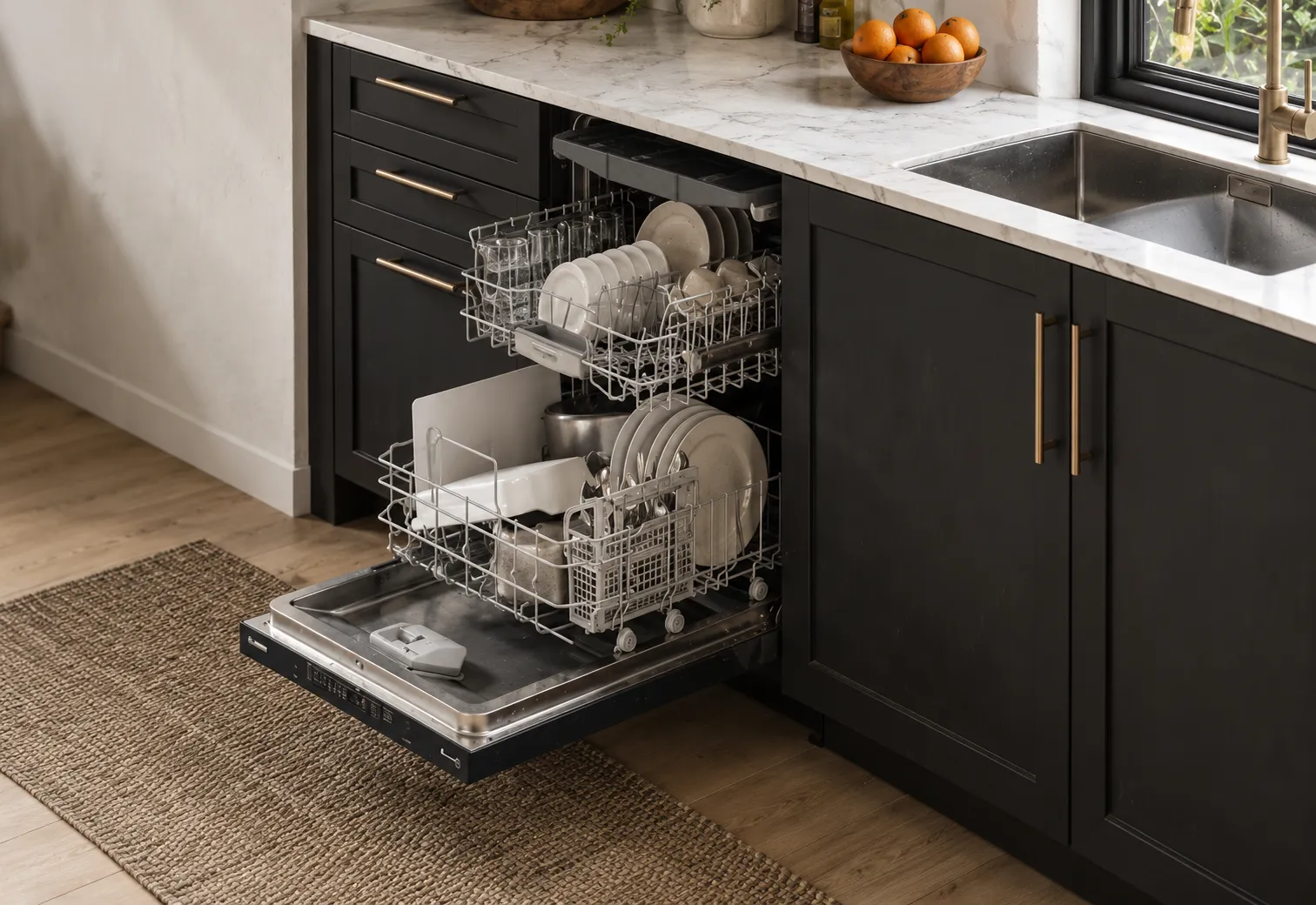 Open built-in dishwasher loaded with dishes in a dark timber kitchen