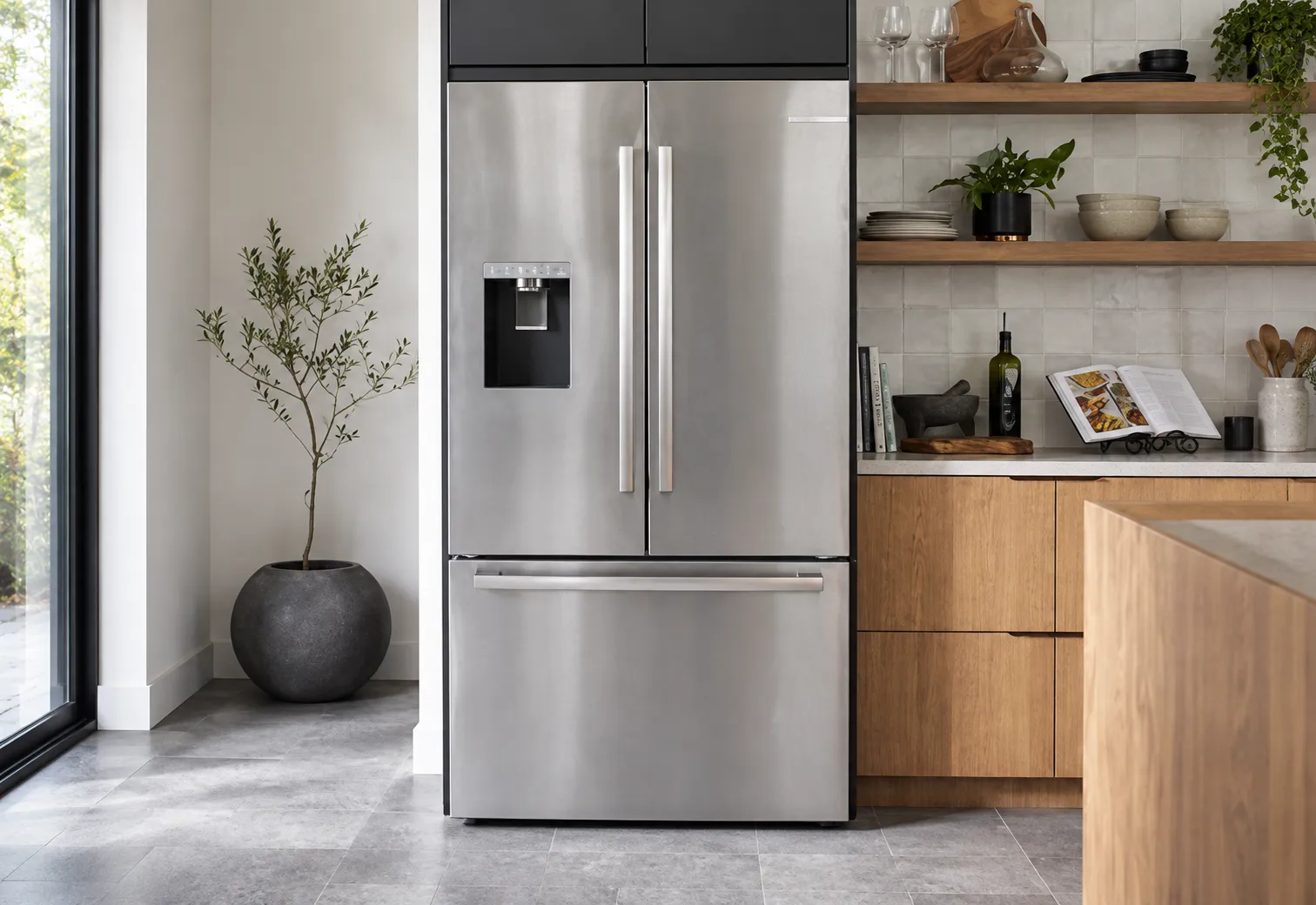 Stainless steel French-door fridge in a modern kitchen