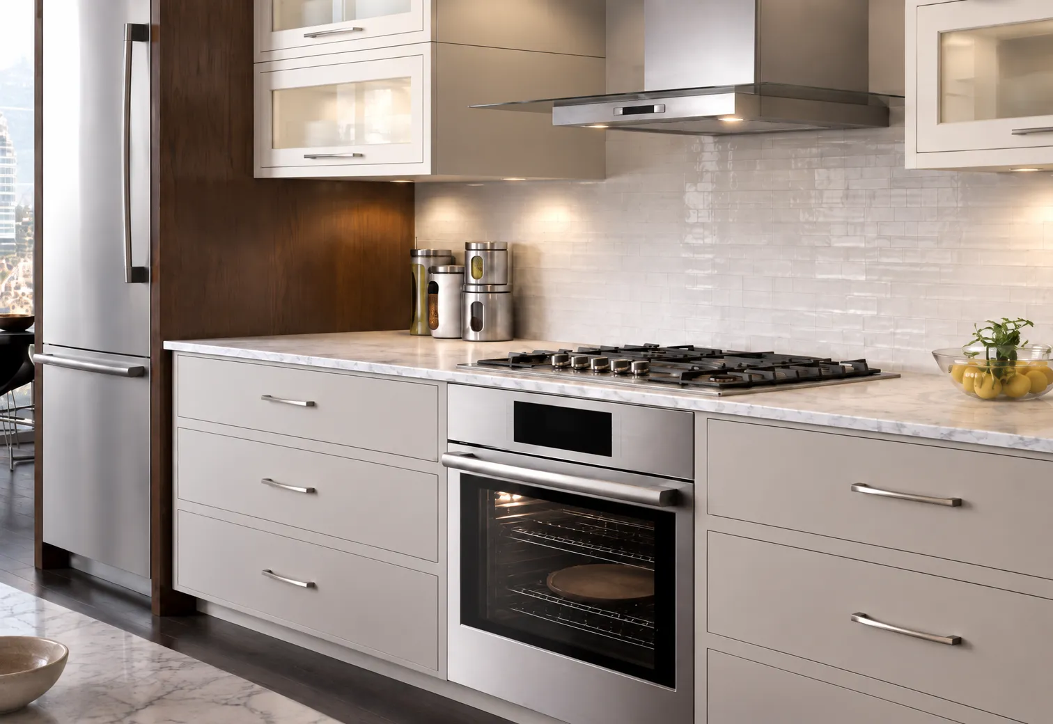 Built-in wall oven beneath a gas cooktop and rangehood