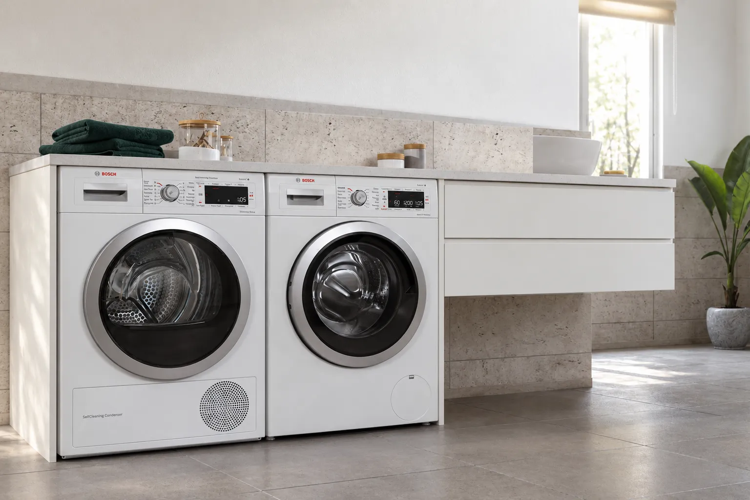 Front-loading washing machine and dryer side by side in a bright laundry