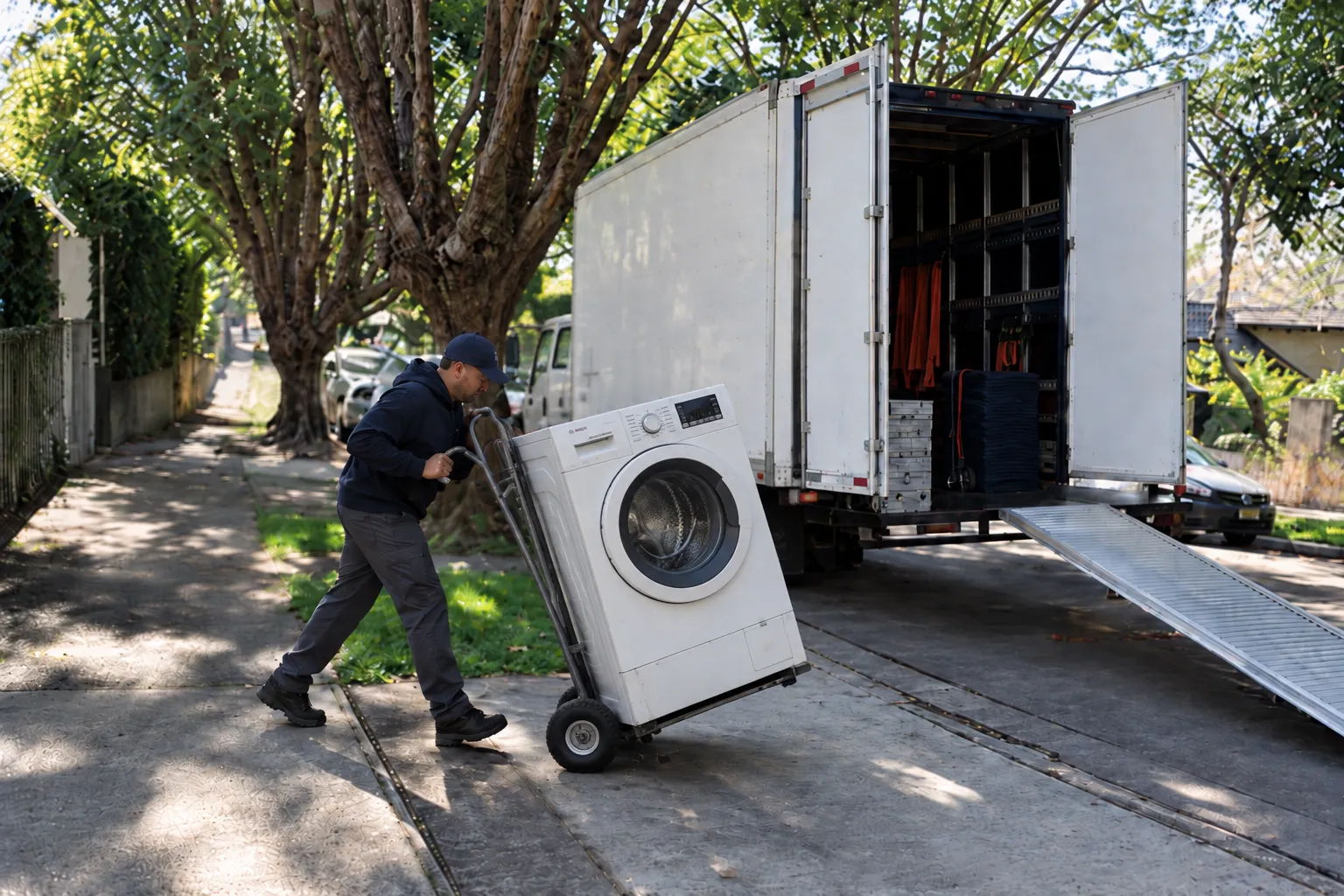 A MyBosch technician unloading a washing machine from a truck